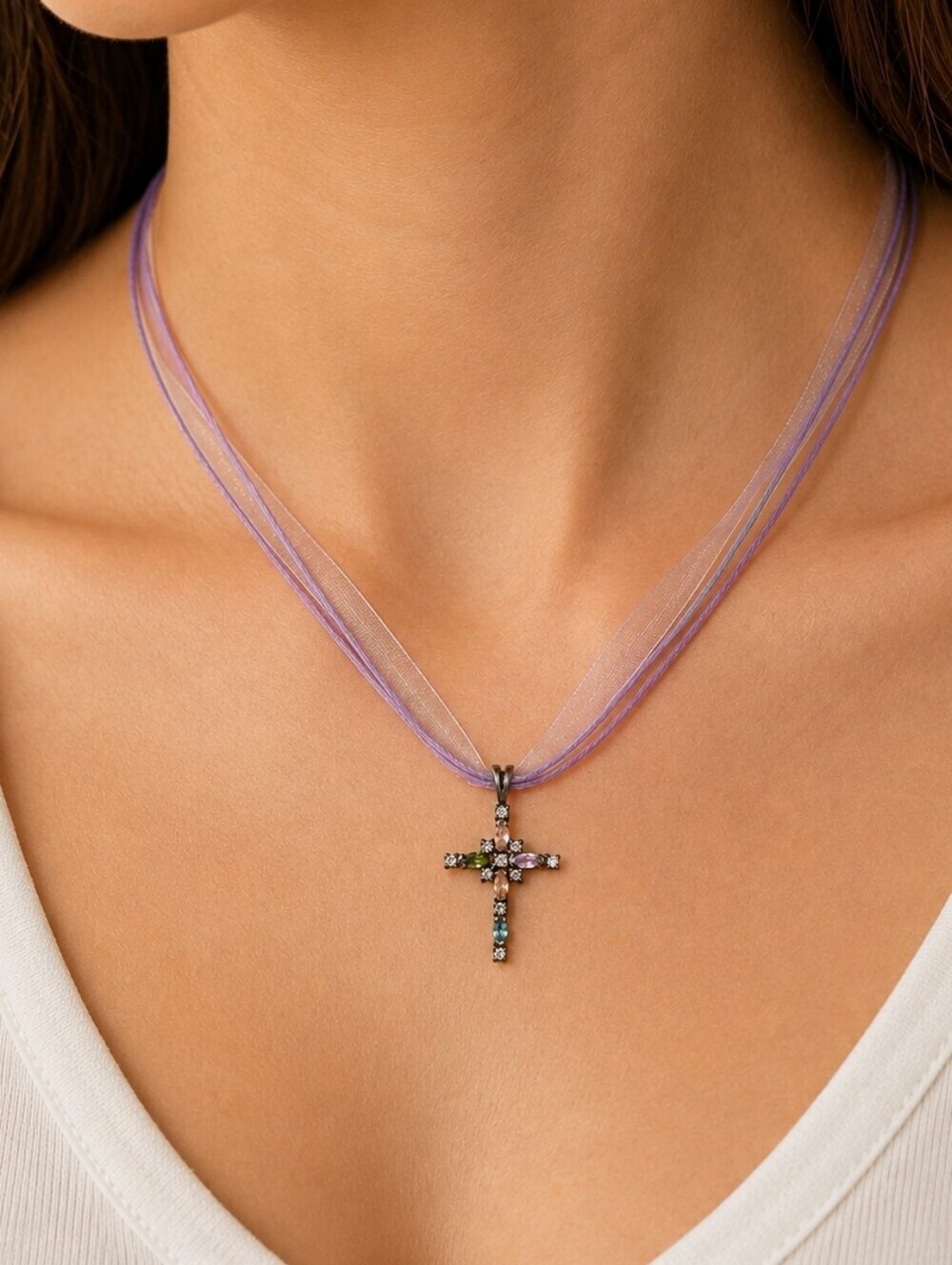3/$30 Gunmetal Rhinestone Cross Pendant Lavendar Ribbon Princess Necklace